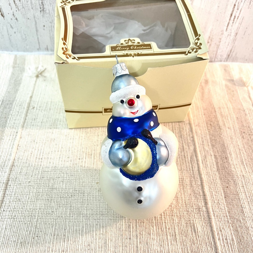 Vintage snowman ornament mouth blown hand painted Poland holding drum Christmas